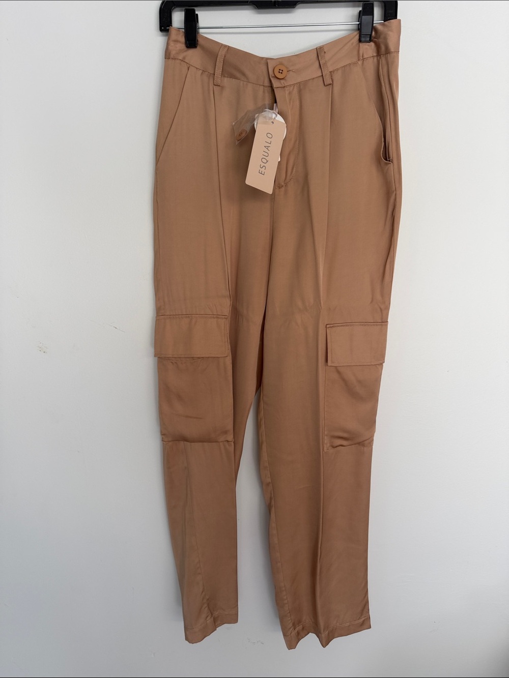 ESQUALO Gold Sateen Cargo Pants with Utility Pockets, Size 8